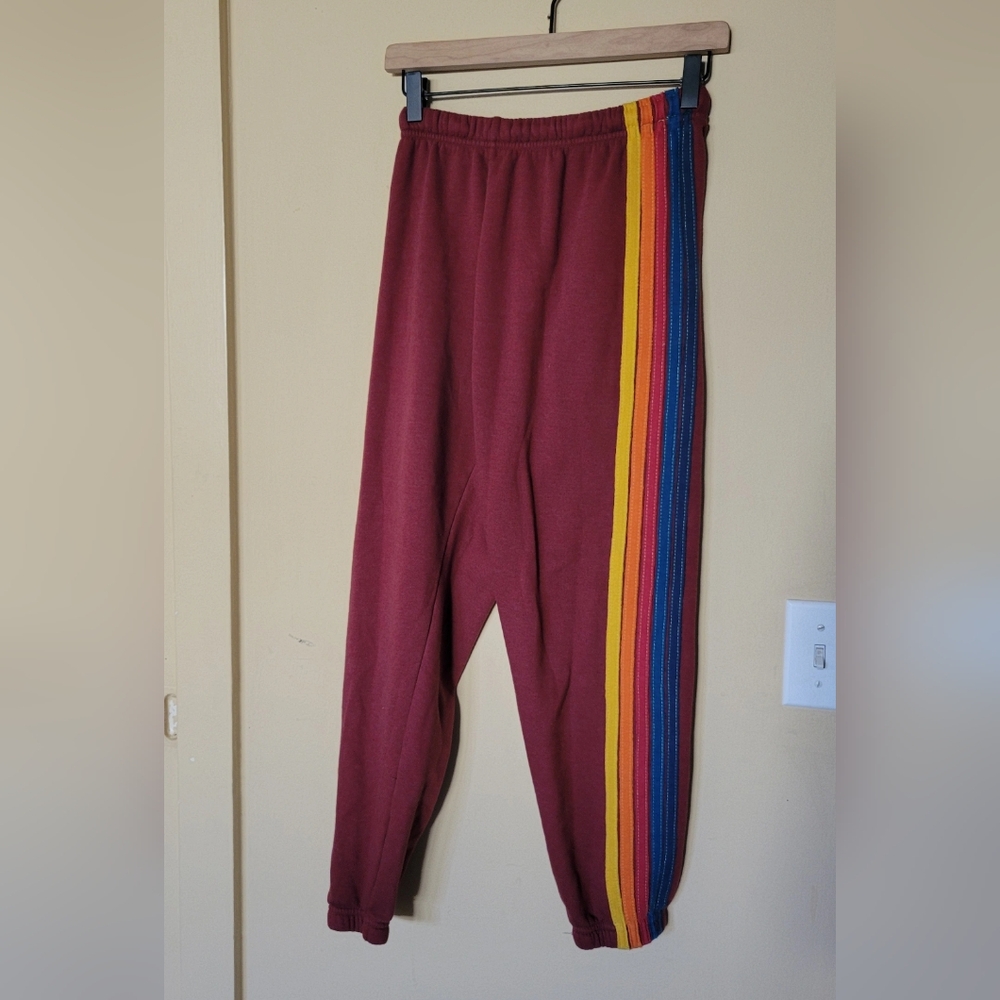 Aviator Nation Burgundy Joggers with Rainbow Stripes